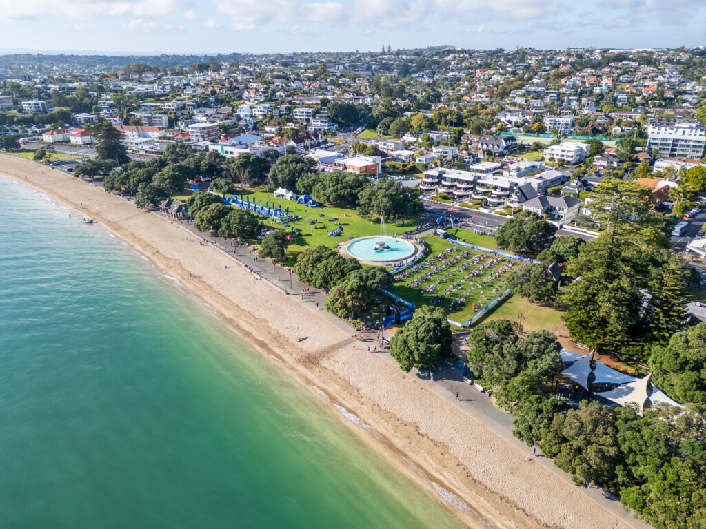 Peoples-Tri-Mission-Bay-beach-and-race-village An aerial view of Mission Bay beach, the fountain and the People's Triathlon event village.